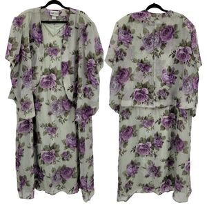 Vintage 80's Dress Set Plus Size 32W Crinkle Chiffon Shift Maxi Floral Sage